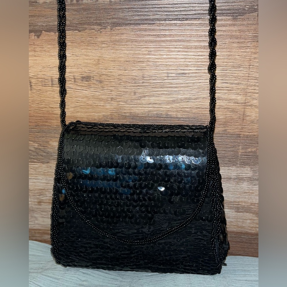 Vintage La Regale EC Black Sequin Beaded Strap Evening Bag authentic cards/box - Picture 10 of 10